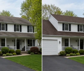 Before and after photos of a residential roof replacement in Ada, MI by Grand Rapids Roofers