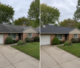 Completed roof replacement on a home in Allendale, Michigan, shown before and after