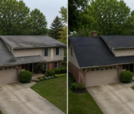 Residential roof replacement project in Byron Center, Michigan, showing the old roof and the finished roof