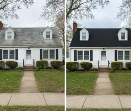 Before and after photos of a residential roof replacement in Caledonia, MI by Grand Rapids Roofers