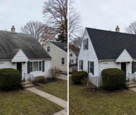 Completed roof replacement on a home in Cascade, Michigan, shown before and after