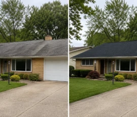 Residential roof replacement project in Comstock Park, Michigan, showing the old roof and the finished roof