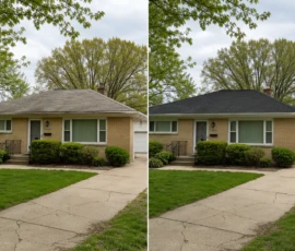 Completed roof replacement on a home in Dorr, Michigan, shown before and after