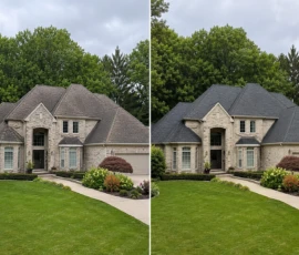 Residential roof replacement project in Forest Hills, Michigan, showing the old roof and the finished roof