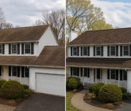 Completed roof replacement on a home in Grandville, Michigan, shown before and after