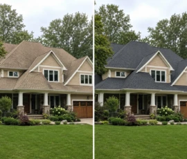 New shingle roof installed on a Hastings, MI home by Grand Rapids Roofers, before and after comparison