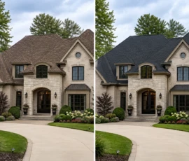 Residential roof replacement project in Holland, Michigan, showing the old roof and the finished roof