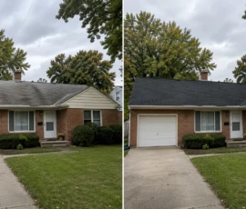 Before and after photos of a residential roof replacement in Hudsonville, MI by Grand Rapids Roofers