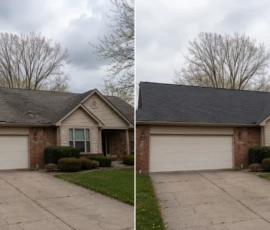 Completed roof replacement on a home in Jenison, Michigan, shown before and after