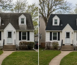 Residential roof replacement project in Kentwood, Michigan, showing the old roof and the finished roof