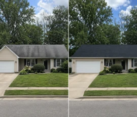 Before and after photos of a residential roof replacement in Lowell, MI by Grand Rapids Roofers