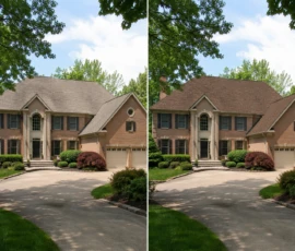 Completed roof replacement on a home in Marne, Michigan, shown before and after