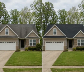Before and after photos of a residential roof replacement in Rockford, MI by Grand Rapids Roofers