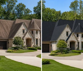 Completed roof replacement on a home in Saranac, Michigan, shown before and after