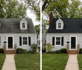 Completed roof replacement on a home in Wyoming, Michigan, shown before and after